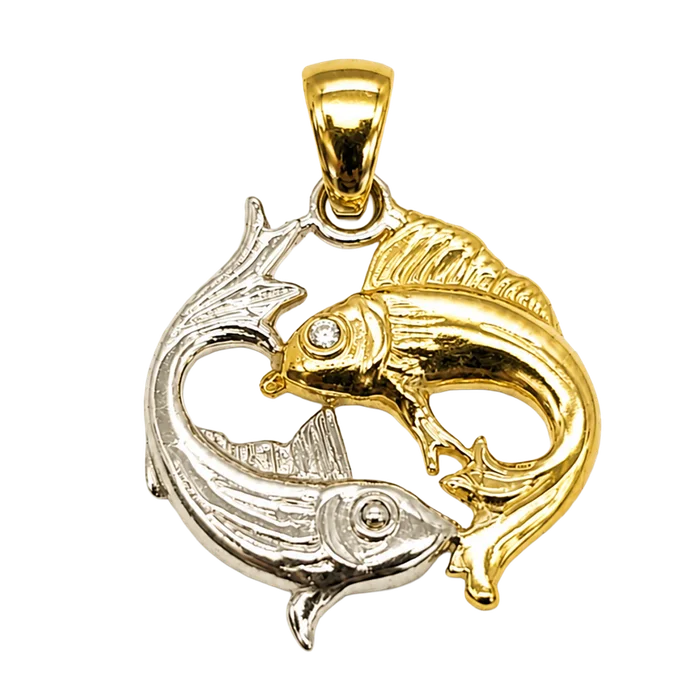Two-tone gold Pisces zodiac pendant with two fish